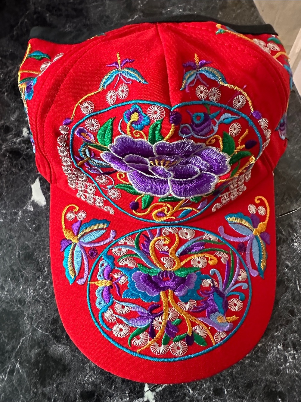 Red Embroidered Floral Baseball Cap with Multicolor Stitching
